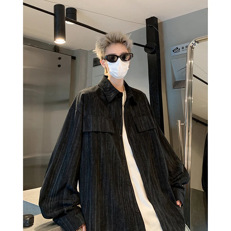 Threebooy Corduroy Printed Work Shirts Men's Single Breasted Casual Jacket Coats Men Korean Fashion Cityboy Long-sleeve Simple Shirt