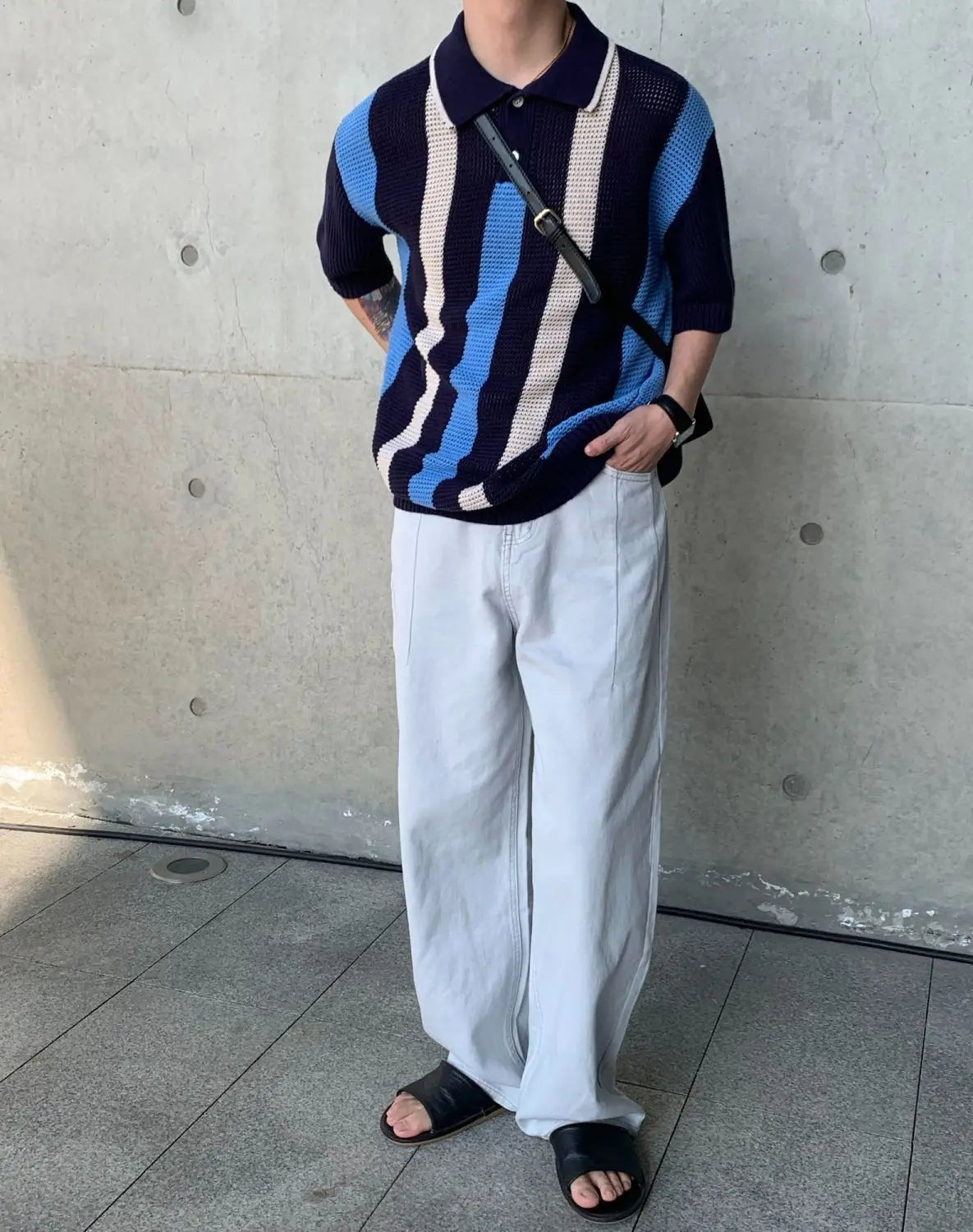 Threebooy Summer Hip Hop Men and Women Trendy Personalized Hollow Stripe Color blocked Knitted Polo Shirt Korean Casual Short Sleeve y2k