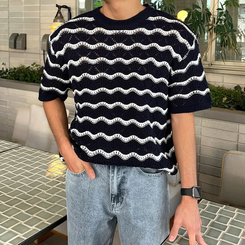 Threebooy  2025 Summer Men's Knit Jacquard Short Sleeve T-shirts Striped Hollow Out Casual Tshirts New Y2K Vintage Streetwear Tee Tops