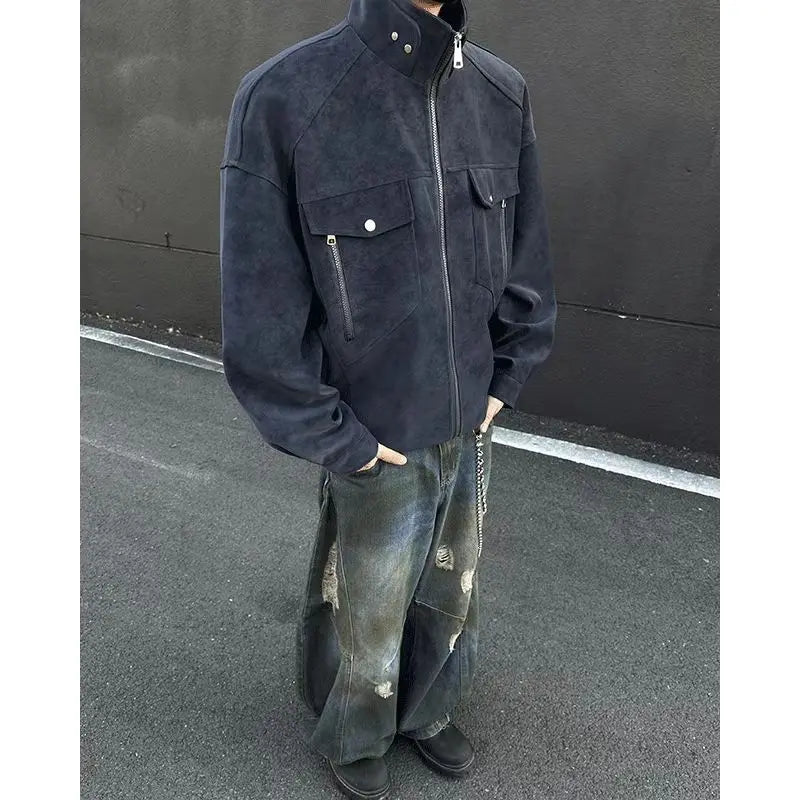 Threebooy Street Zipper Jacket High-end Handsome Stand-up Collar Coat American 2025 Retro Handsome Work Jacket Loose Top Urban