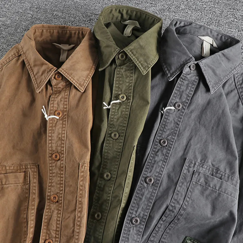 Threebooy  Tough Guy Style Heavyweight Washed Old Work Shirt Men's American Cargo Styles Daily Casual Versatile Long Sleeve Shirt Jacket