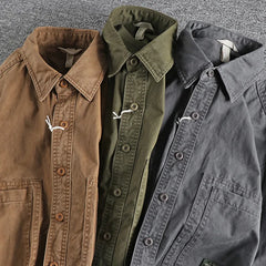 Threebooy  Tough Guy Style Heavyweight Washed Old Work Shirt Men's American Cargo Styles Daily Casual Versatile Long Sleeve Shirt Jacket