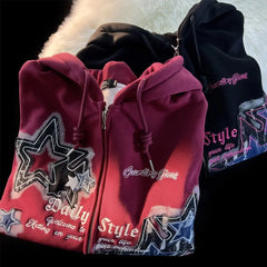 Threebooy Aesthetic Star Print Cardigan Zip Up Sweatshirt Men Women Autumn Winter Loose Tide Brand Couple Hooded Zip Jacket Harajuku Y2k