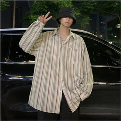 Threebooy Striped Loose Causal Long Sleeve Shirts Man Button Handsome Turn-down Collar Spring Autumn Office Men's Clothing Green