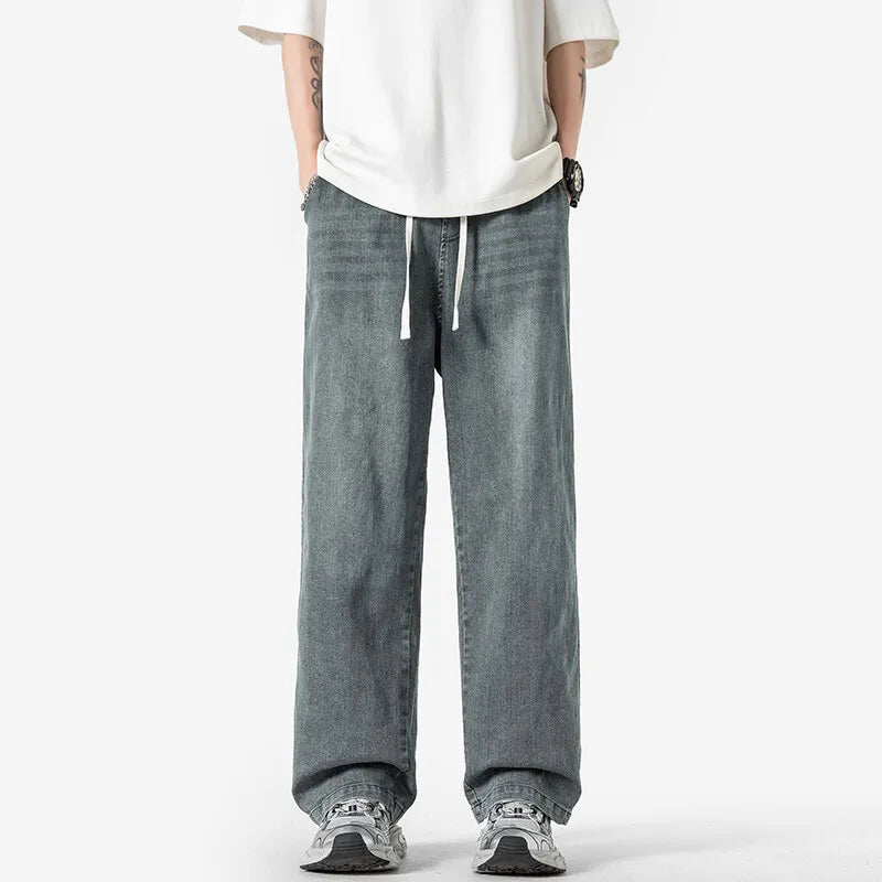 Threebooy  Summer Baggy Jeans Men Fashion Casual Straight Jeans Men Streetwear Hip-hop Loose Drawstring Vintage Jeans Mens Denim Trousers