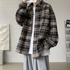 Threebooy Winter Short Woolen Coat Men Warm Oversized Retro Plaid Woolen Jacket Men Streetwear Korean Loose Thick Woolen Coat Mens Jackets