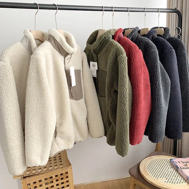 Threebooy Autumn Winter Lambswool Coat Male Loose Windproof Warm Sherpa Stand Collar Polar Fleece Jacket Unisex Simple  Pocket Spliced Top