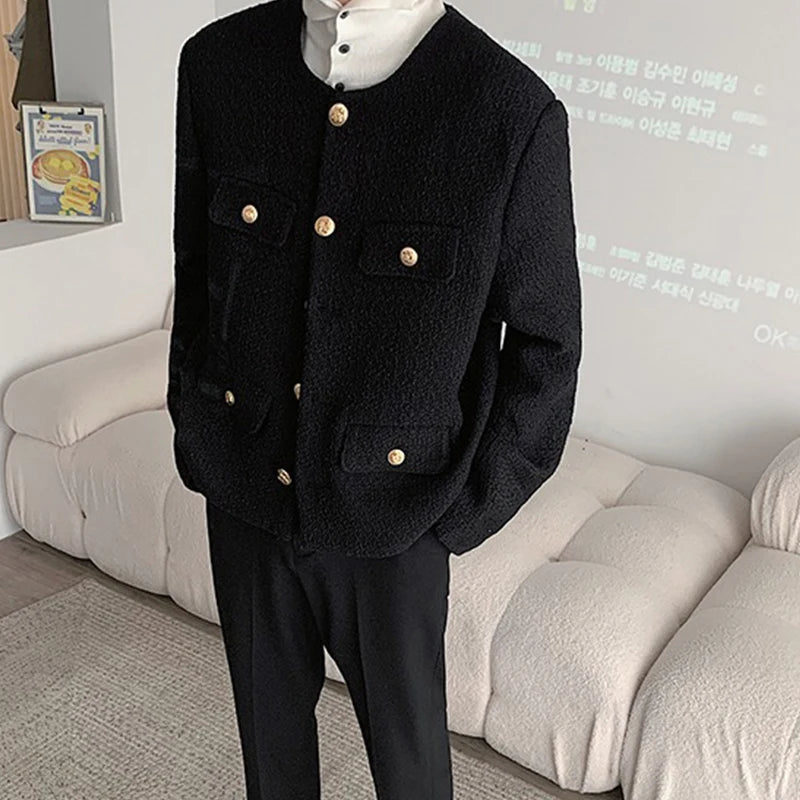 Threebooy Korean Style Fashionable Tweed Round Neck Jacket Men Japanese Trendy High-end Single-breasted Short Jacket with Temperament