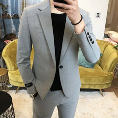 Threebooy  British Style Men's Set Handsome Trendy Fashion Casual Jacket Korean Version Formal Slim Fit Black Suit Wedding