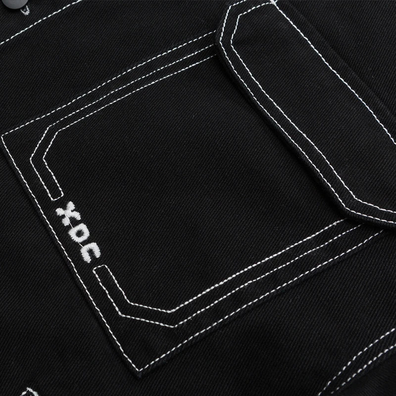 Threebooy  Men's Fashion Baggy Denim Jacket Streetwear Large Pocket Contrast Design Oversized Black White Washed Denim Coats Autumn 4XL 5XL