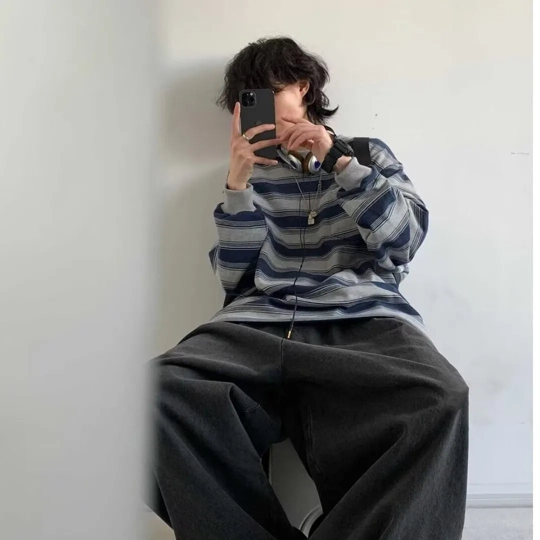 Threebooy  Retro Japanese Style Spring Workwear Sweatshirt Men's round Neck Striped Unisex Couple's Shirt Long Sleeve No Ironing Treatment