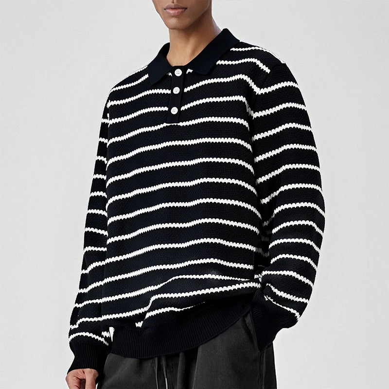 Threebooy  New American Trendy Men Polo Neck Sweaters Light Luxury Striped Knit Long Sleeve Pullover Tops High Quality Loose Knitwear M-3XL