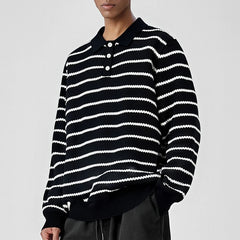Threebooy  New American Trendy Men Polo Neck Sweaters Light Luxury Striped Knit Long Sleeve Pullover Tops High Quality Loose Knitwear M-3XL