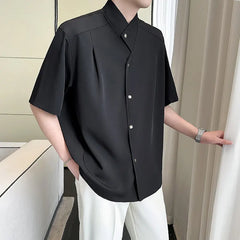 Threebooy  Irregular Collar Design Shirt for Men Summer Loose Half Sleeve Casual Shirts Ice Silk Breathable Streetwear Social Men Clothing