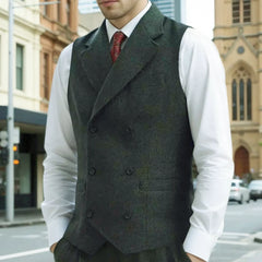 Threebooy  Men Vest Army Green Herringbone Double Button With Lapel Waistcoat For Wedding Business Office Work Daily Casual Men Suit Vest