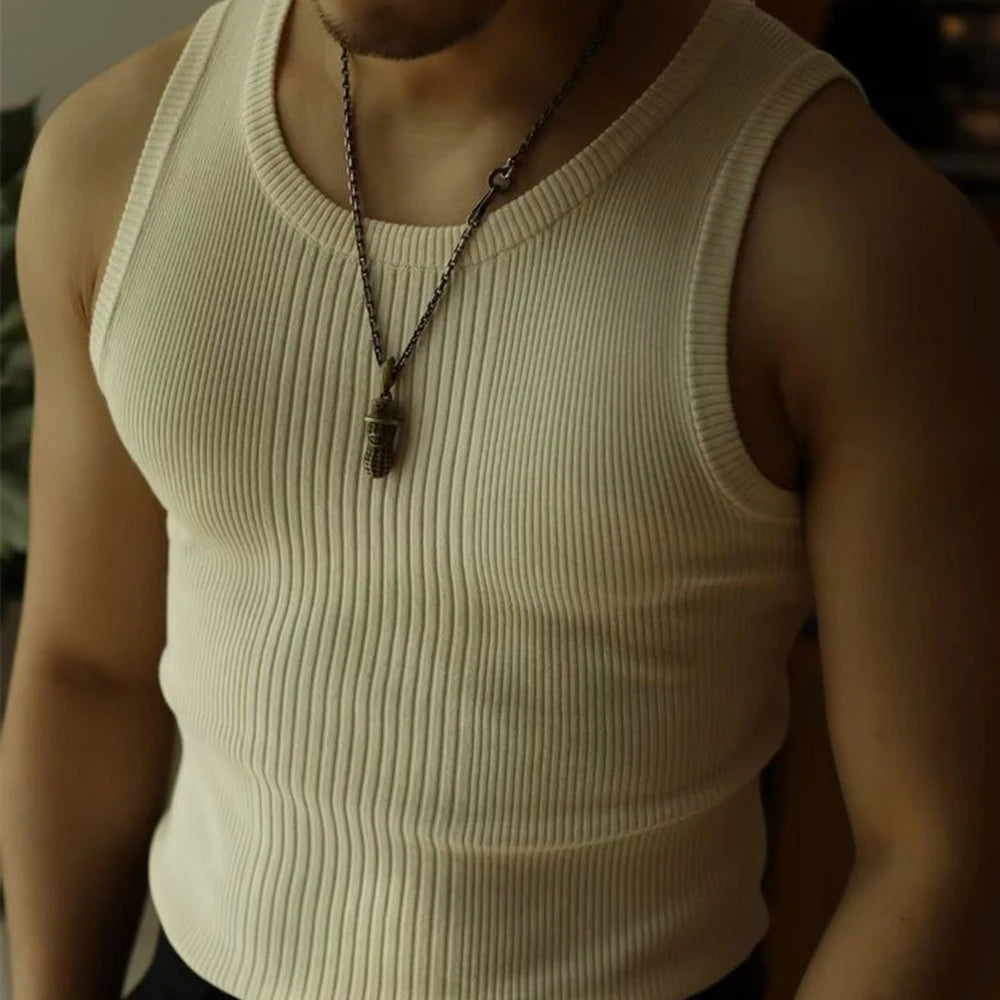 Threebooy  Men Streetwear Casual Solid Color Knitted Vest Sports Gym Bottoming Shirt Autumn Essential Ribbed Tank Top Slim Sleeveless Tees