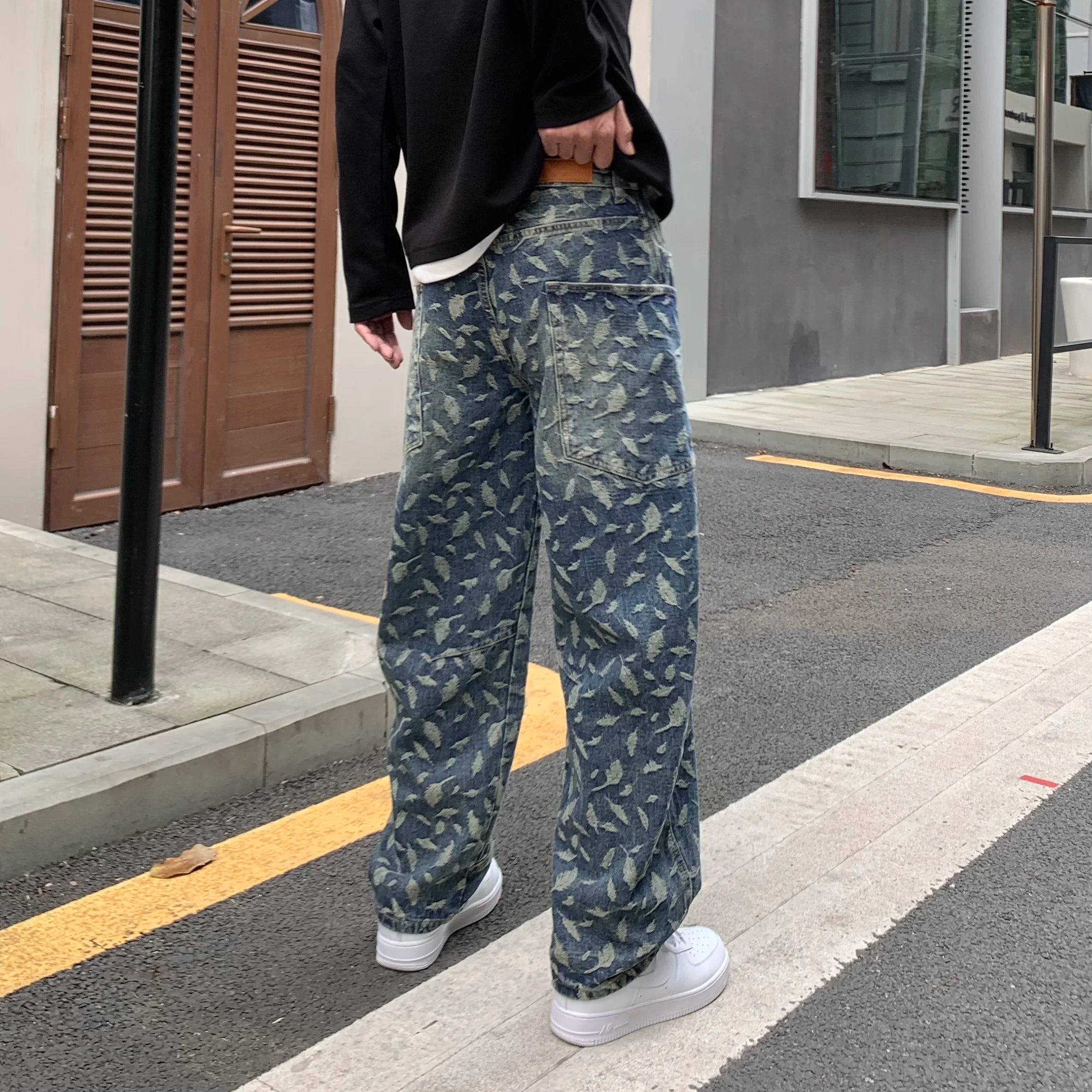 Threebooy High Quality Trendy New Leaves Jacquard Blue Baggy Jeans Men Loosen Fit Wide Leg Cargo Pants Male Street Bottoms