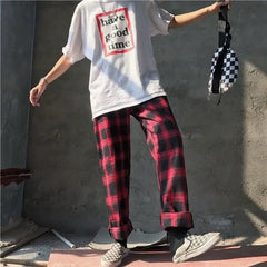 Threebooy Men Plaid Pants Ankle Length Loose Wide Leg Pant All-match Elastic Waist Fashion Casual Trousers Harajuku Korean Streetwear