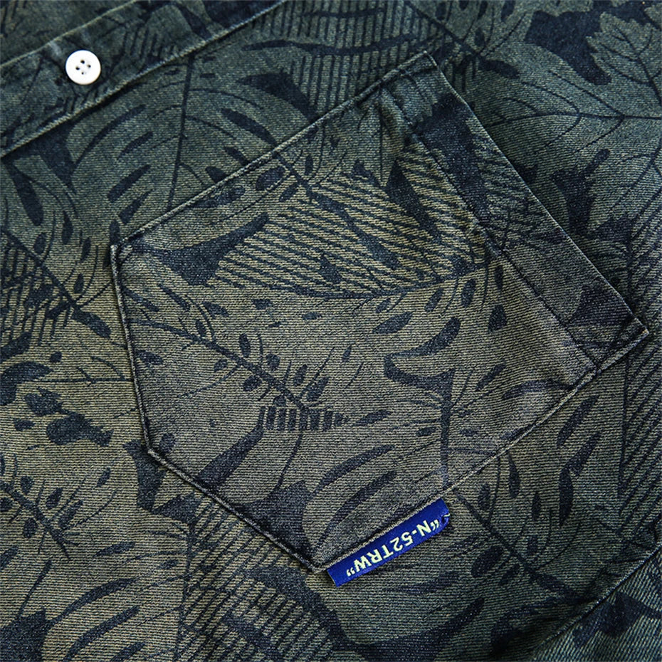 Threebooy  Summer Denim Short Sleeve Shirt Men Streetwear Hip Hop Leaves Print Jeans Shirt Oversized Harajuku Washed Casual Blouse Male