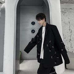 Threebooy Korean Street clothing fashion Spring Men's Irregular Hole Suit Dark Black Male Blazers Korean Fashion Lapel Outwear