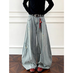 Threebooy Loose Fit Jeans Men Baggy Wide Leg Denim Pants Patchwork Ripped Light Blue Wash Hip Hop Streetwear Fashion New 2025 autumn jeans