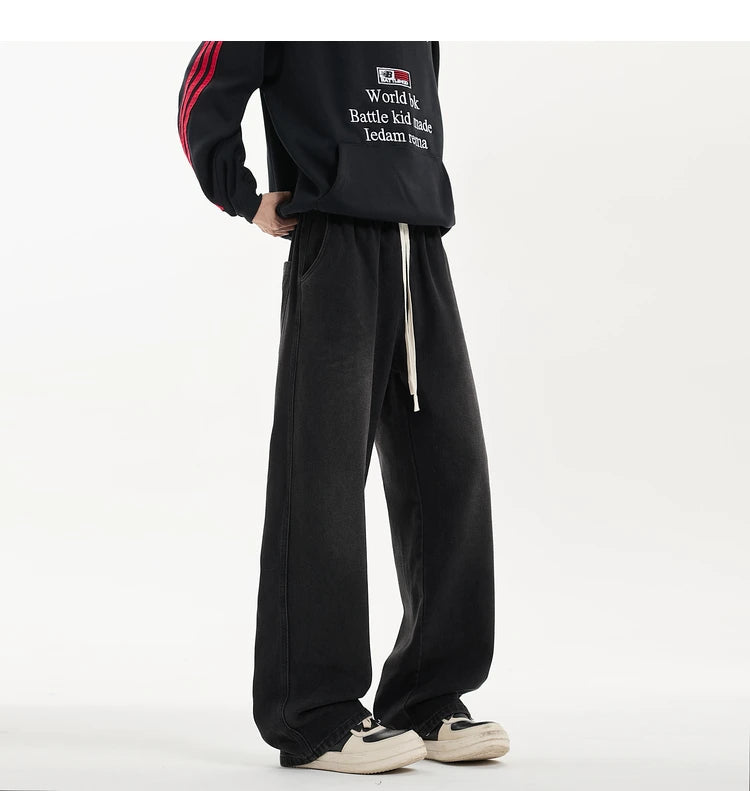 Threebooy New Men's Jeans Washed Jeans Pants Unisex Drawstring Denim Pants Male Streetwear Korean Straight cylinder loose Cowboy Trousers