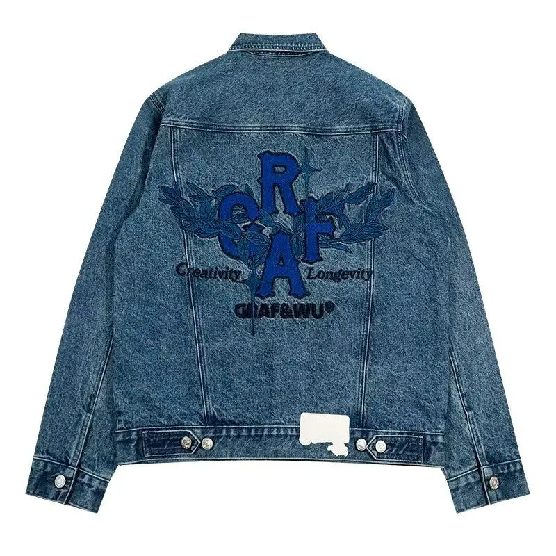 Threebooy  Heavy Washing Old Denim Jacket Retro Maple Leaf Letter Print Coat Autumn Winter Denim Jacket Men's Couple's Button Lapel Jacket