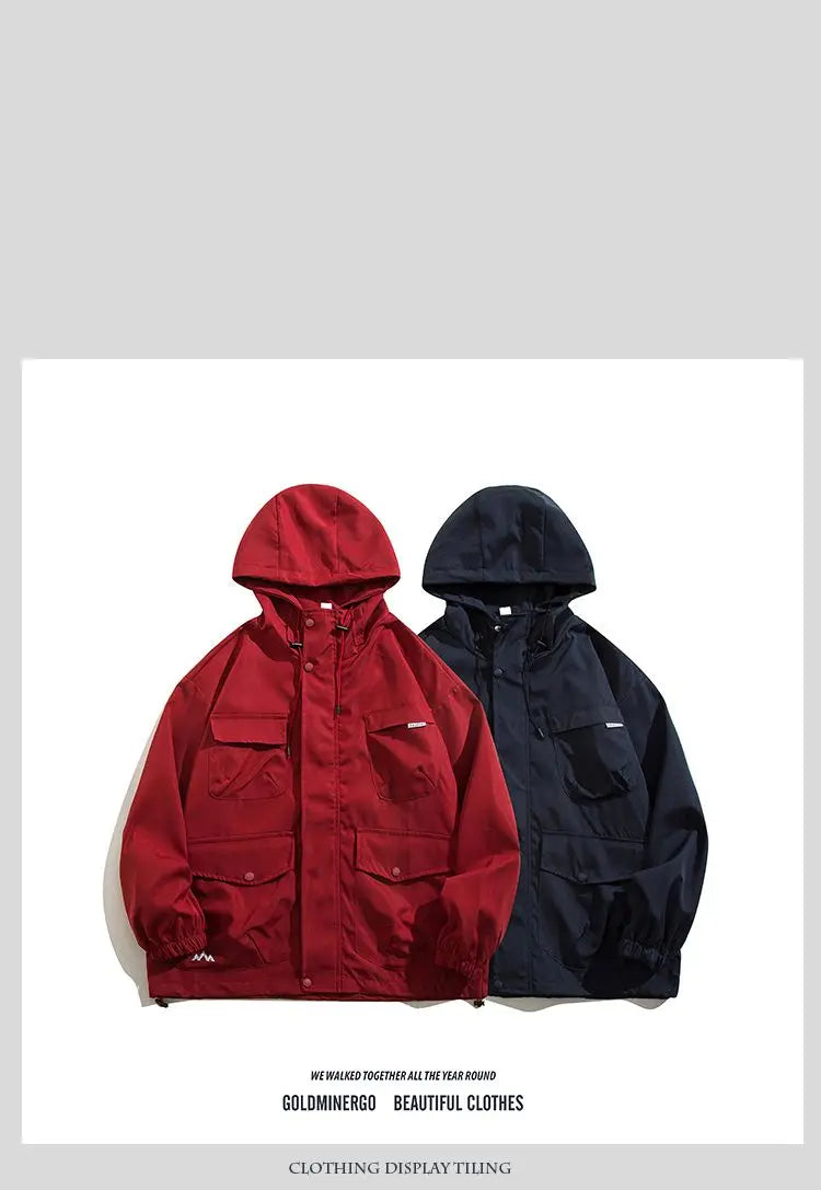 Threebooy Japanese Cityboy Work Jacket Men's Spring Autumn Multi-pocket Mountaineering Suit High-end Casual Hooded Jacket Chic