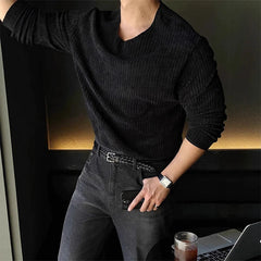 Threebooy  New Korean Fashion Men T-shirt Luxury Knitted Solid Color O Neck Long Sleeve Tees Casual Premium Quality Textured Knitwear M-3XL