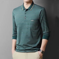 Threebooy  Men Breathable Pure Cotton Polo Shirts Long Sleeve Spring Autumn Casual Striped Turn-down Collar Real Pocket Comfortable Tops