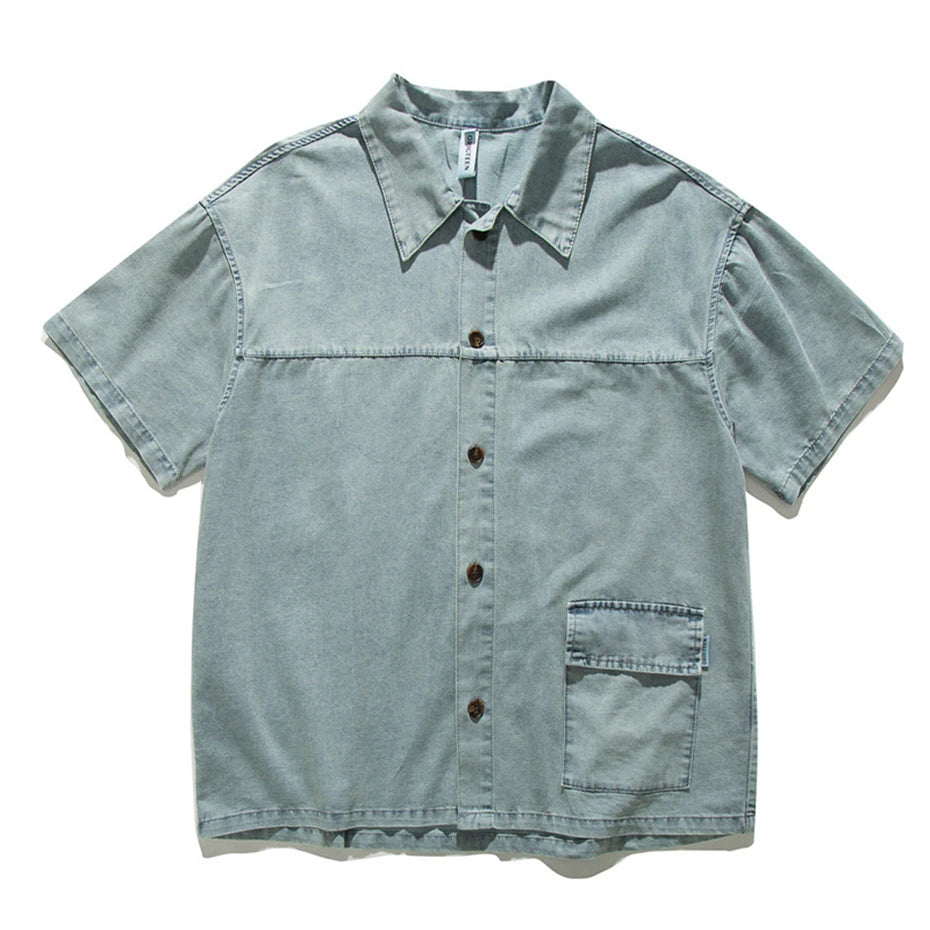 Threebooy  Summer Denim Short Sleeve Shirts Men Streetwear Hip Hop Splicing Jeans Shirt Oversized Harajuku Washed Cargo Casual Blouse Male
