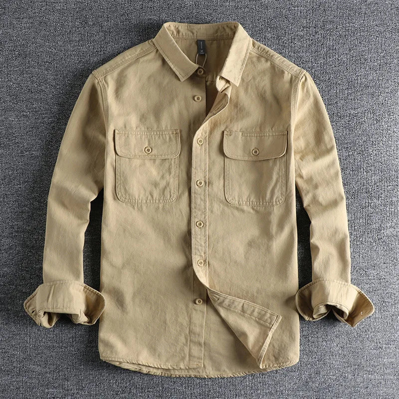Threebooy  Vintage Retro Men Cargo Shirt Jacket Canvas Cotton Khaki Military Uniform Light Casual Work Safari Style Shirts Mens Tops Shirt