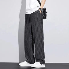 Threebooy Korean Version Streetwear Fashion Men Stripe Wide Leg Pants Summer Male Harajuku Loose Casual Elastic Waist Straight Trousers