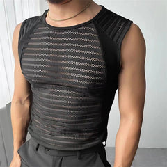 Threebooy  Men's Summer Sheer Mesh Fitness Sleeveless Vest Outdoor Sports Striped Transparent Quick Dry Gym Tank Top