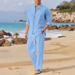 Threebooy  Spring and autumn Cuban style fashion men's shirt trend casual multi-button stand collar loose long sleeve pants beach suit
