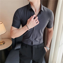 Threebooy High Quality Summer Elastic Ice Silk Short Sleeve Shirts Men Clothing Simple Luxury Slim Fit Business Casual Formal Wear Blouses