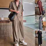 Threebooy Mens Casual Light Shirt Wide Leg Pants 2024 New Genderless Fashion Vacation Basics Versatile Solid Color Suit Two-Piece Unisex
