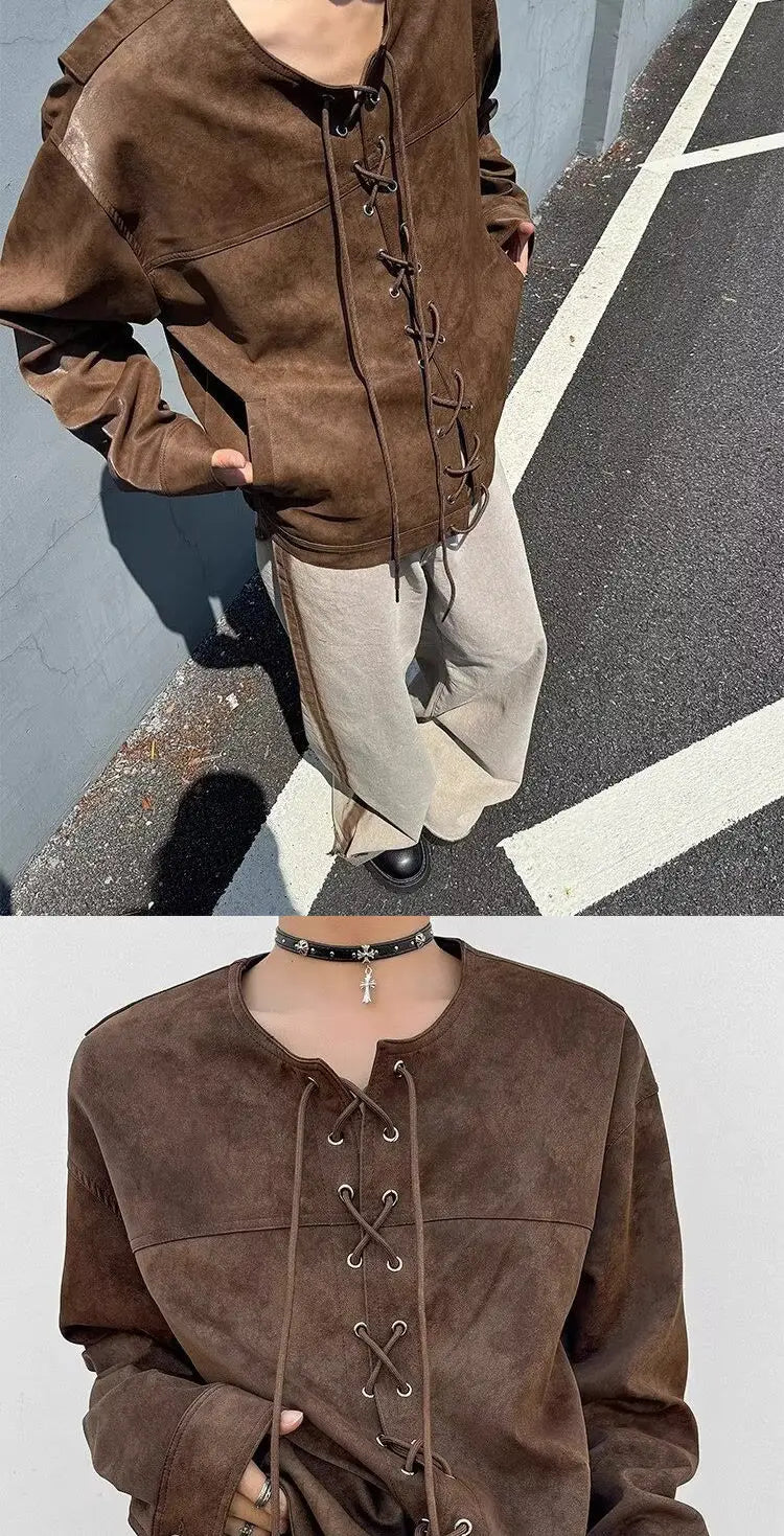 Threebooy Drawstring Double-breasted Shirt Back Fly Design Top American Retro Brown Motorcycle Leather Jacket Women Men's Jacket