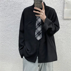 Threebooy  Solid Color Shirt with Tie Spring Autumn New Style Hong Kong Style Retro Versatile Long Sleeve Men's Loose Casual Top Trend
