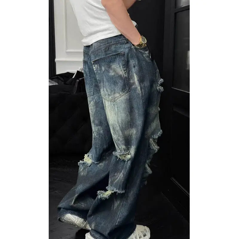 Threebooy  Mens Loose Fit Straight Leg Jeans Dark Blue Ripped Distressed Trendy Streetwear Fashion Casual Urban Denim Pants Hip Hop Style