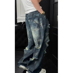 Threebooy  Mens Loose Fit Straight Leg Jeans Dark Blue Ripped Distressed Trendy Streetwear Fashion Casual Urban Denim Pants Hip Hop Style