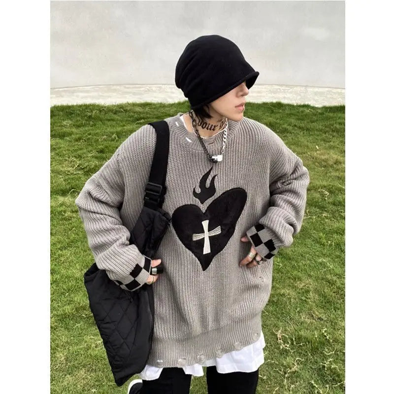 Threebooy Sweater With Hearts Harajuku Fashion Men's Clothes Winter Trend Women's Print Oversize Korean Knit Hip Hop Clothing Sweaters