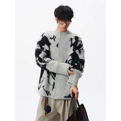 Korean men's sweater Imitation mink wool cardigan sweater 2025 Autumn Winter New Tie dye jacquard cardigan knitted sweater