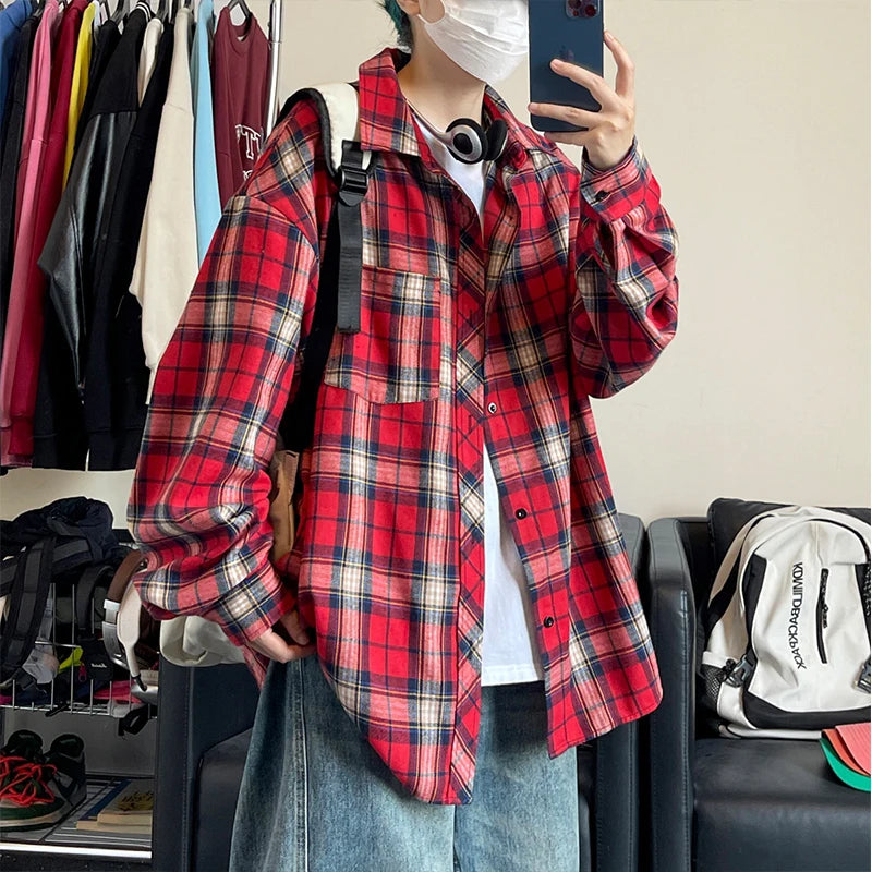 Threebooy Spring Long Sleeved Shirt Men Oversized Retro Plaid Shirt Men Japanese Streetwear Loose Casual Shirt Mens Vintage Shirts M-3XL