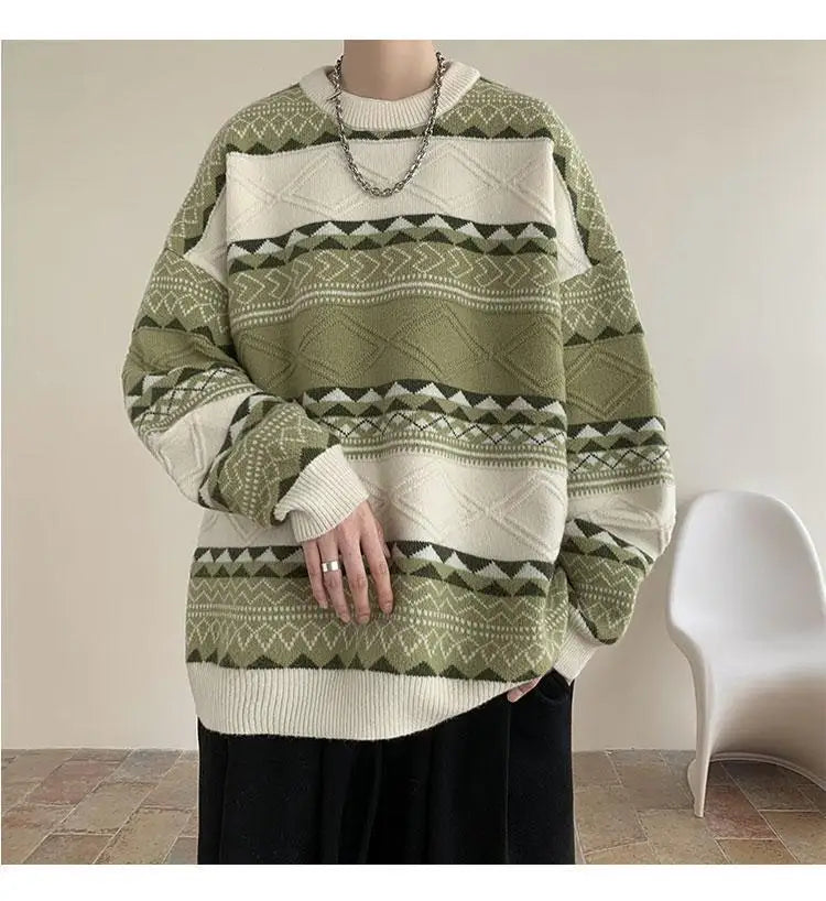 Threebooy Autumn and Winter Round Neck Sweater for Men Casual Trendy Brand Streamer Lazy Style Contrast Striped Knitted Sweater