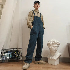 Threebooy Denim Jumpsuits Male Solid Basic Overalls High Street Man New Hot Sale Blue Vintage Fashion Man Casual Loose Wild Jumpsuit