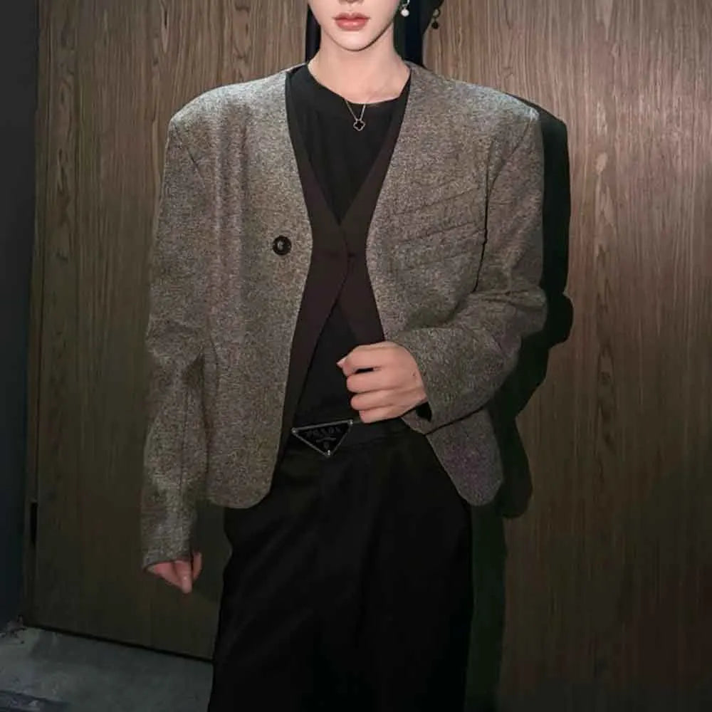 Threebooy  Winter Male Faux Two-Piece Long-Sleeved Suit Jacket American Retro Fashion Trendy High Street Casual Loose Niche Men's Top