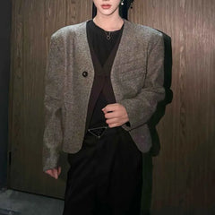 Threebooy  Winter Male Faux Two-Piece Long-Sleeved Suit Jacket American Retro Fashion Trendy High Street Casual Loose Niche Men's Top
