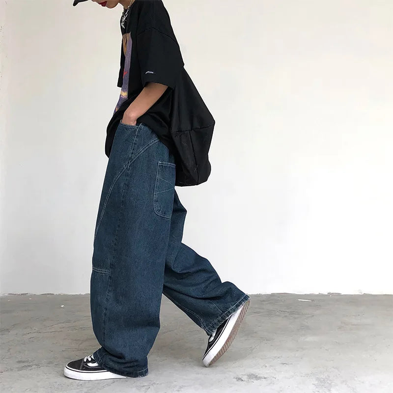 Threebooy New Wide Leg Pants Men's Fashion Baggy Solid Color Stitching Trousers Harajuku Casual Loose Oversize Jeans Men Clothing Y2K