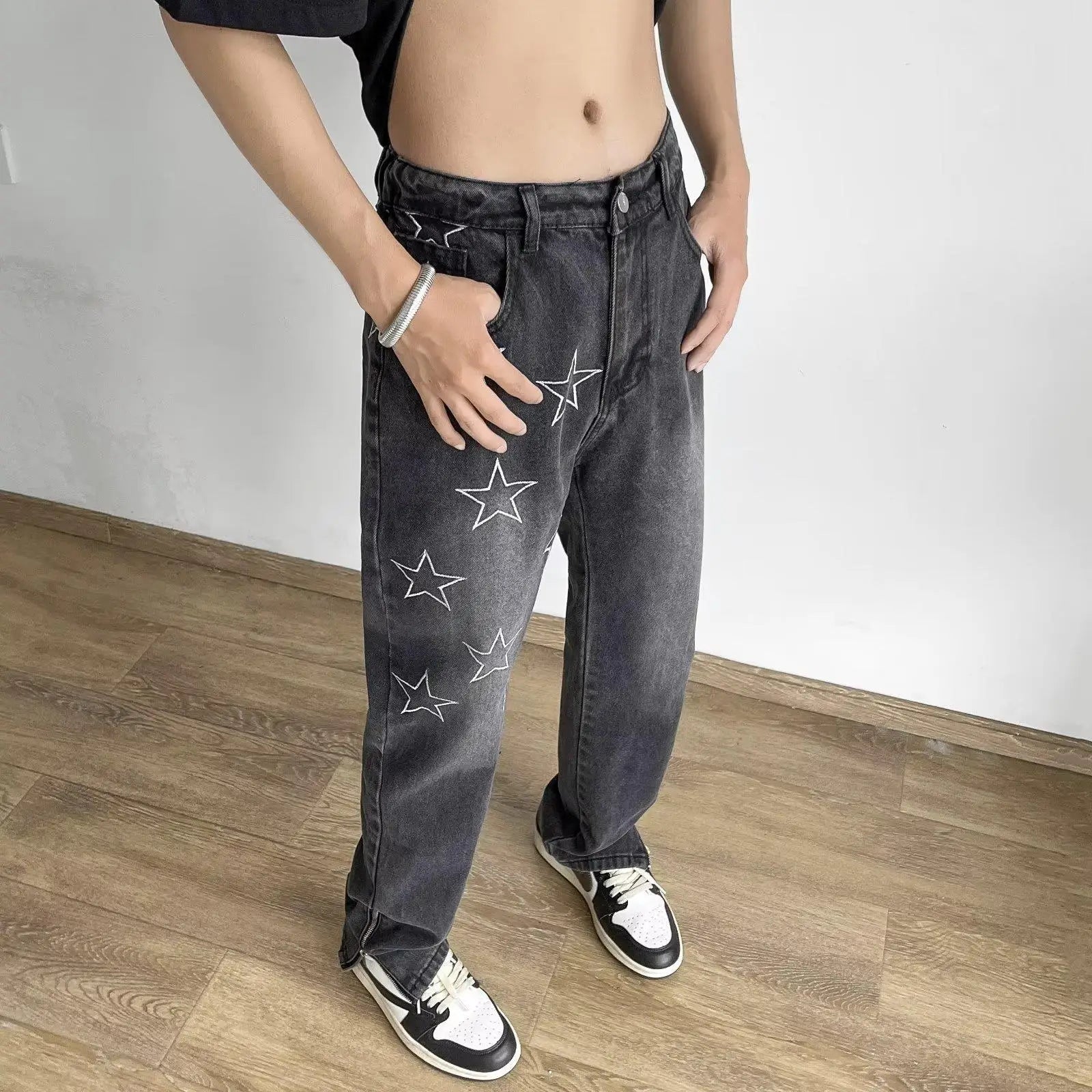 Threebooy Embroidery New Slim Jeans Y2K Pants Men Clothing Ankle Zipper Straight Washed Black Hip Hop Denim Trousers Ropa Hombre